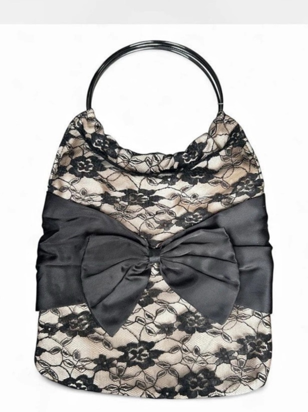 Floral Lace Bow Shoulder Bag in Black & Cream Like New